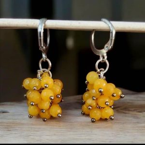 گوشواره آویز طرح خوشه ای _ سنگ  عقیق زرد