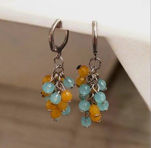 گوشواره آویز طرح خوشه ای _ سنگ عقیق زرد و آبی